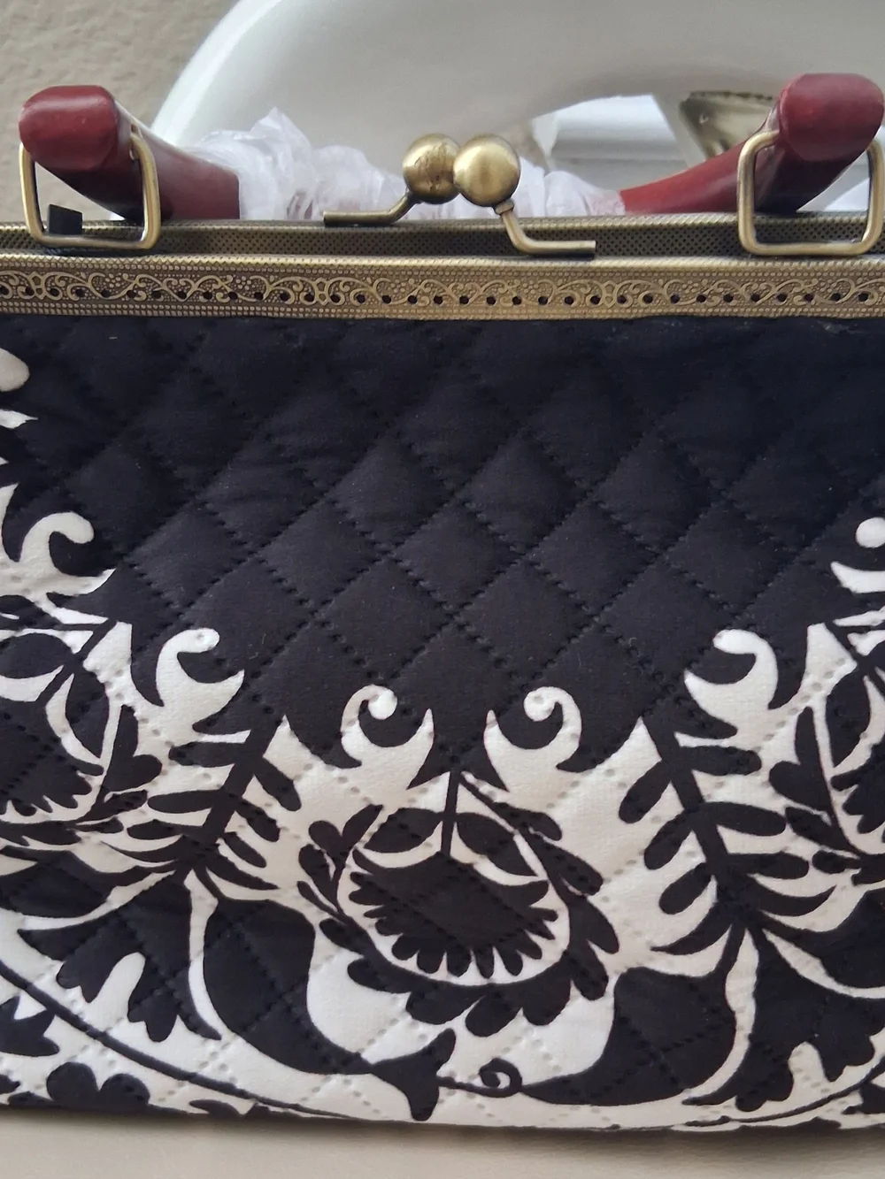 Black & White Quilted Floral Frame Clutch with Gold Rose Accent